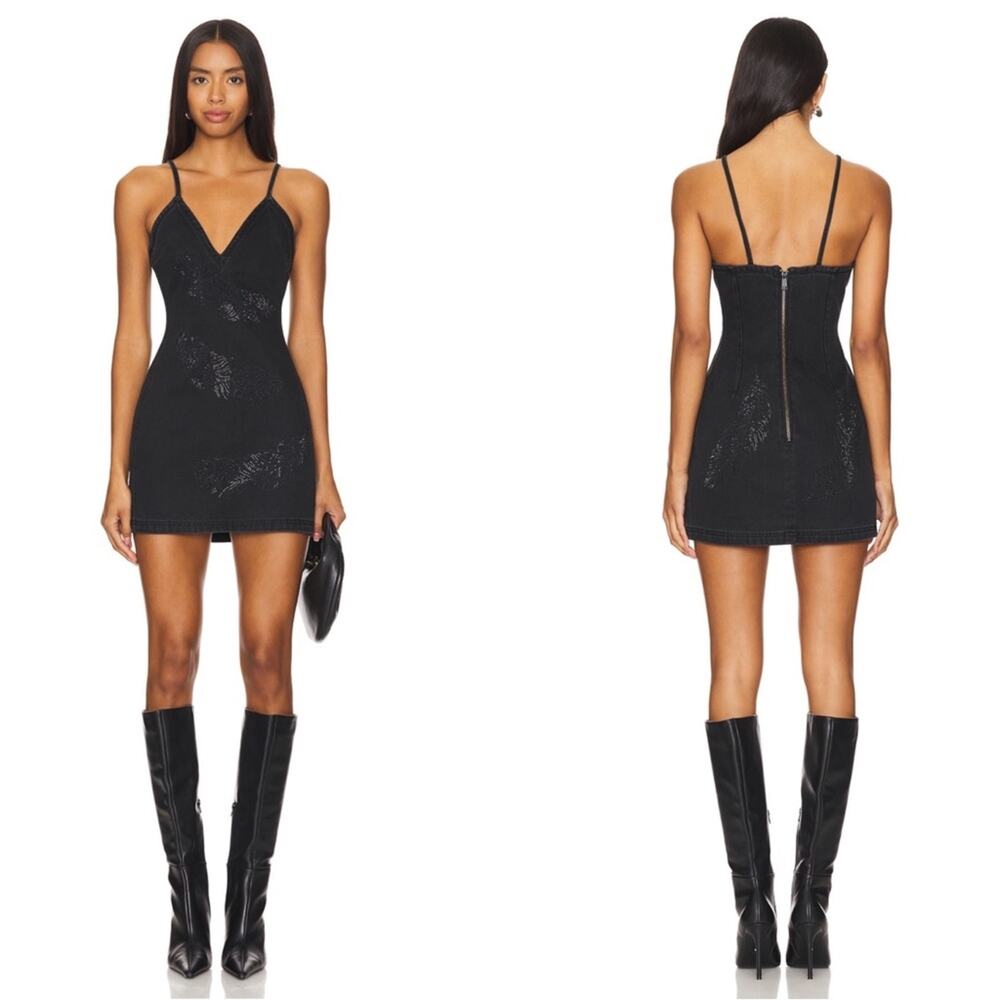 DAVID KOMA Rhinestone Feather Cami Sequin Embellished Denim Mini Dress Size 4